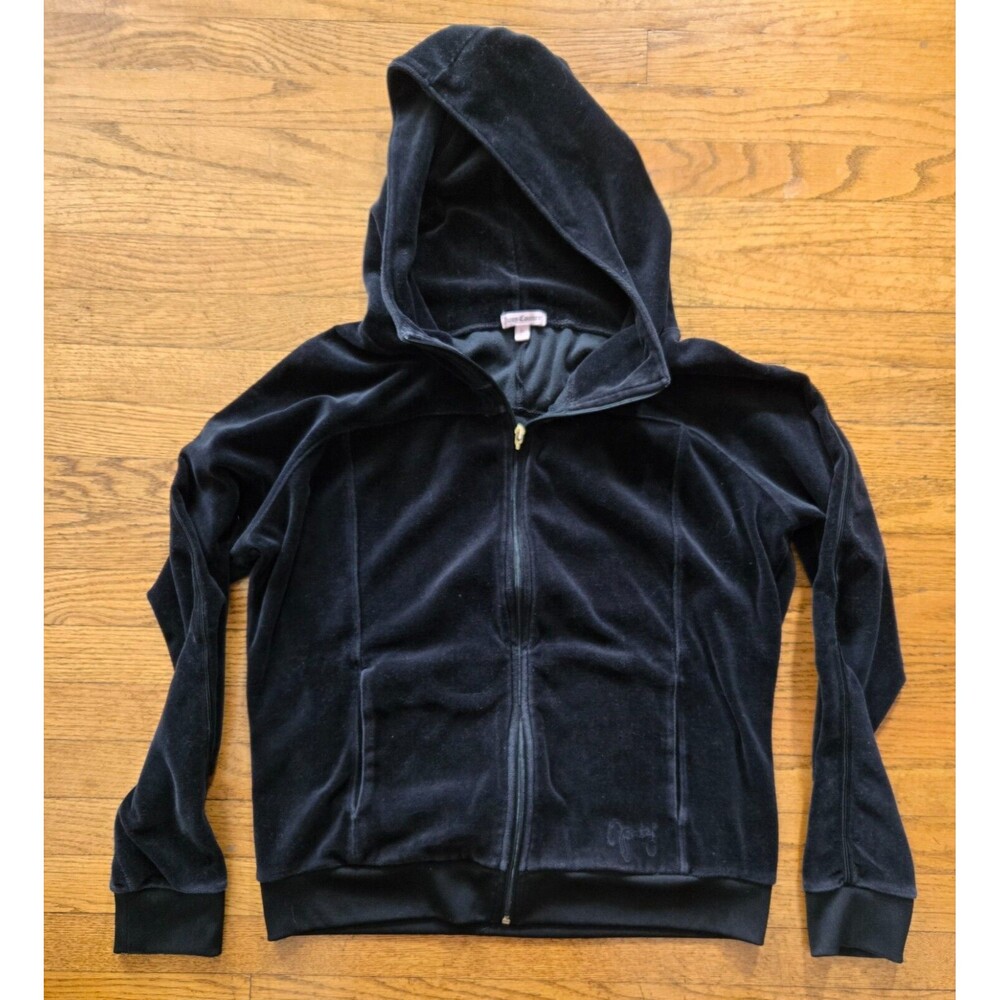 Juicy Couture Velour Black Track Hoodie Full Zip Up Size Large Vintage Y2K